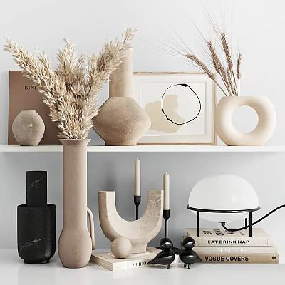 Minimalist Decorative Ornament Set With Ceramic Vases Dried Pampas Grass Candle Holders And Marble Decor 3d model