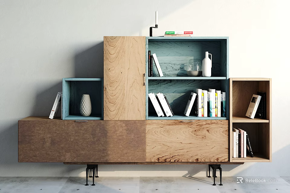 Modern Wooden Storage Shelf Unit with Books Vases and Decorative Items in Contemporary Room Setting 3d model 