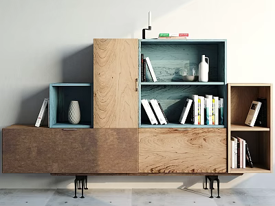 Modern Wooden Storage Shelf Unit with Books Vases and Decorative Items in Contemporary Room Setting 3d model