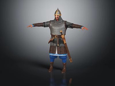 Medieval Warrior Wearing Metal Armor And Helmet Standing With Arms Outstretched Blue Pants Brown Boots 3d model