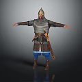 Medieval Warrior Wearing Metal Armor And Helmet Standing With Arms Outstretched Blue Pants Brown Boots