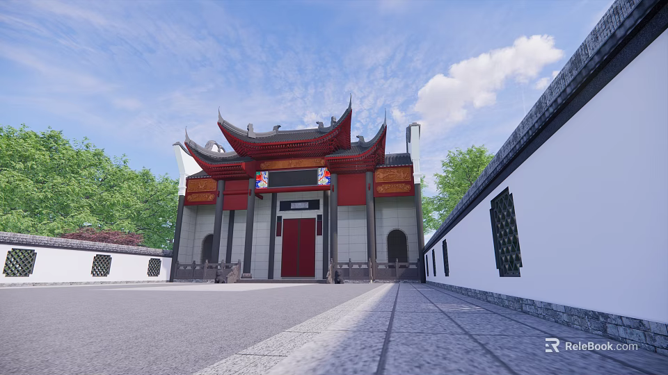 Ancient Chinese Architecture with Upturned Eaves Red Door White Walls Green Trees and Blue Sky 3d model 