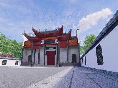 Ancient Chinese Architecture with Upturned Eaves Red Door White Walls Green Trees and Blue Sky 3d model