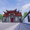 Ancient Chinese Architecture with Upturned Eaves Red Door White Walls Green Trees and Blue Sky