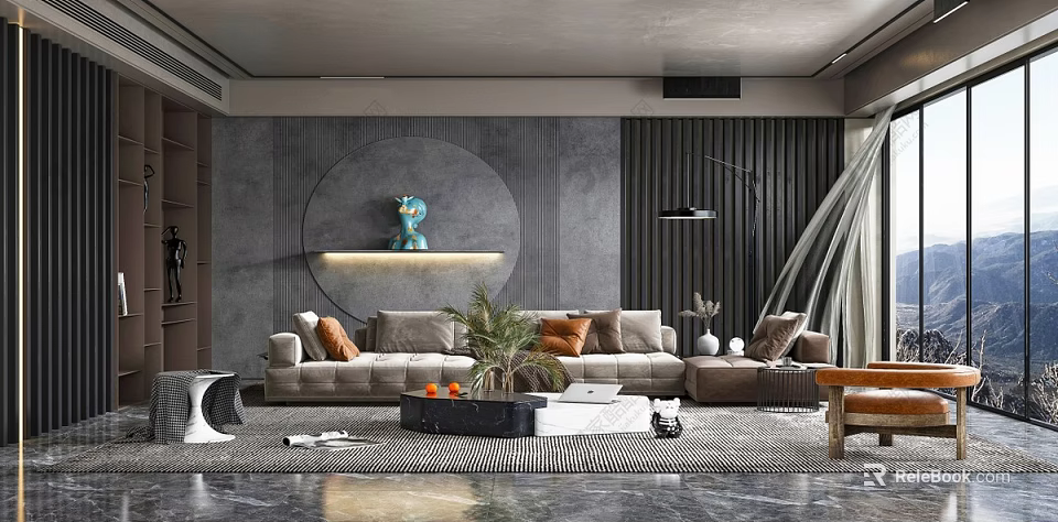 Modern Living Room Interior Design With Gray Walls L Shaped Sofa Blue Decor And Plants 3d model 