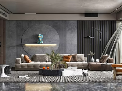 Modern Living Room Interior Design With Gray Walls L Shaped Sofa Blue Decor And Plants 3d model