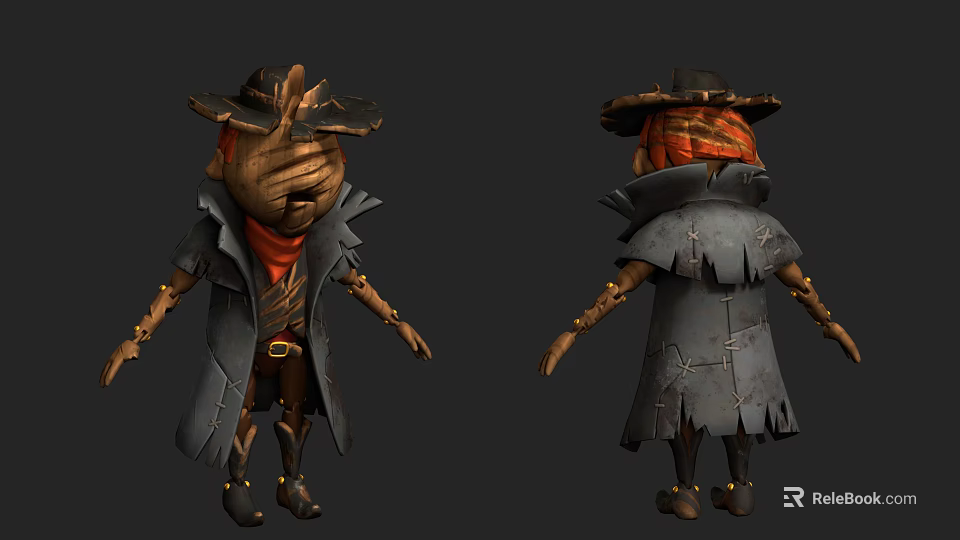 3D Game Cinematic Character With Brown Hat Red Scarf And Worn Coat Design 3d model 