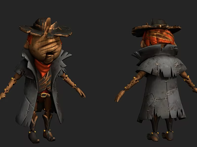 3D Game Cinematic Character With Brown Hat Red Scarf And Worn Coat Design 3d model