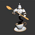 Game Film Robot Character Holding Golden Spoon Pouring Black Liquid Into White Golden Rimmed Cup