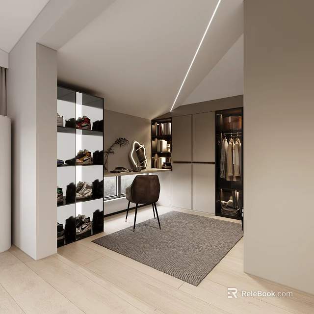 Modern Walk In Closet With Shoe Racks Chair And Rug 3d model 