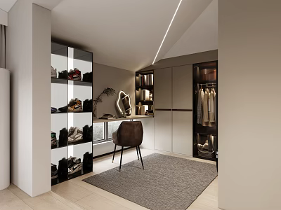 Modern Walk In Closet With Shoe Racks Chair And Rug 3d model
