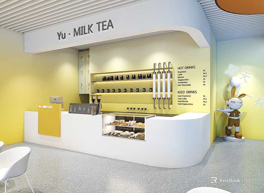 Yu Milk Tea Shop Interior With Yellow White Counter Shelves Drinks Rabbit Figure And Seats 3d model 