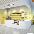Yu Milk Tea Shop Interior With Yellow White Counter Shelves Drinks Rabbit Figure And Seats