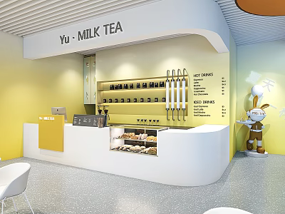 Yu Milk Tea Shop Interior With Yellow White Counter Shelves Drinks Rabbit Figure And Seats 3d model