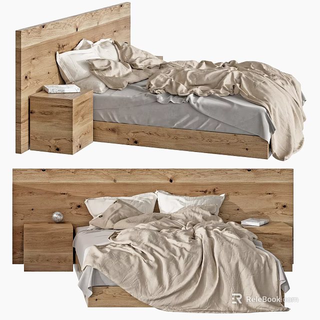 Natural Wooden Double Bed Design With Light Bedding And Side Nightstand 3d model 