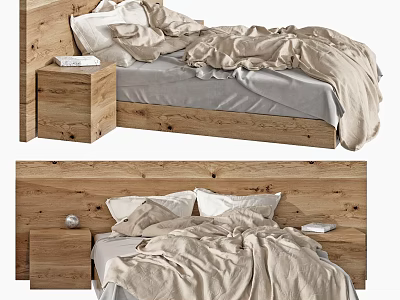 Natural Wooden Double Bed Design With Light Bedding And Side Nightstand 3d model