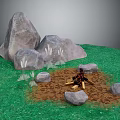 Garden Ornament with Green Grass Large Rocks Small Wood Pile and Surrounding Small Stones