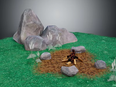 Garden Ornament with Green Grass Large Rocks Small Wood Pile and Surrounding Small Stones 3d model