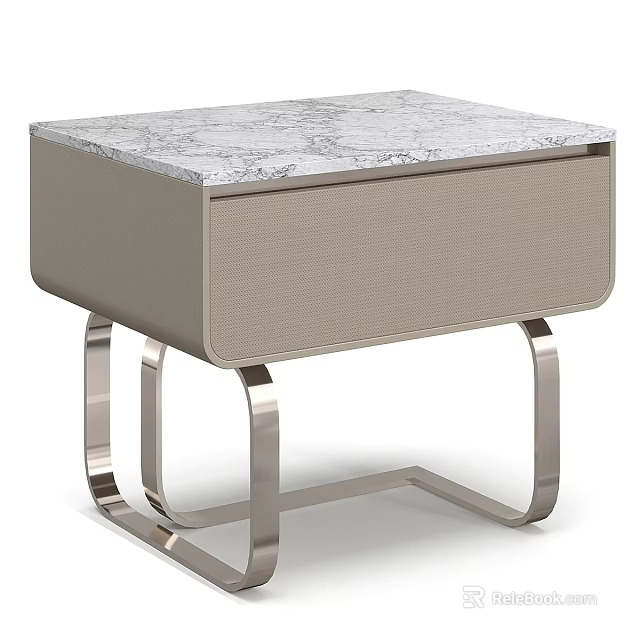 Modern Stylish Nightstand With Marble Top Light Gray Drawer And Metal Legs 3d model 