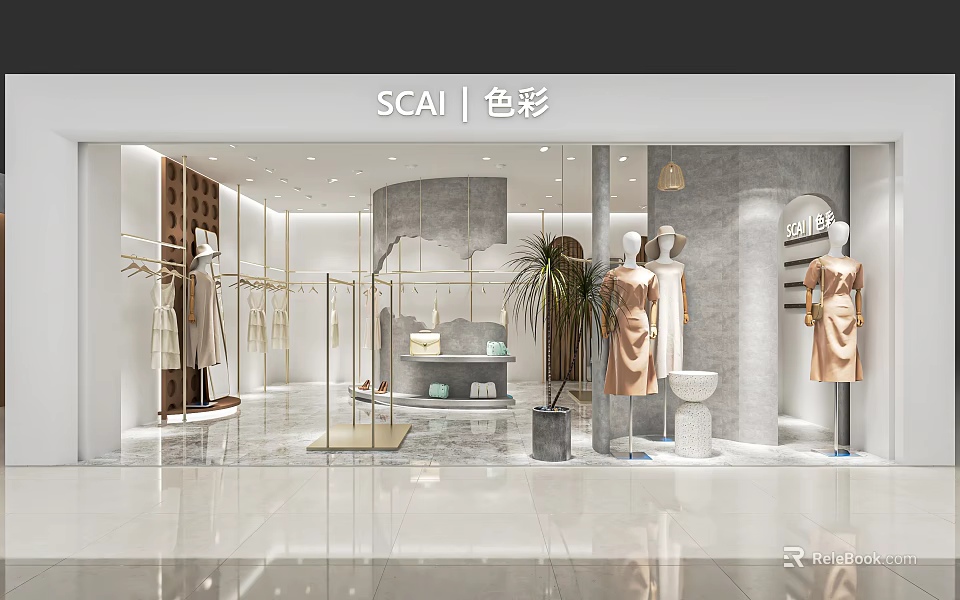 Elegant Modern Clothing Store Interior With Mannequins Racks And Decorative Plants 3d model 