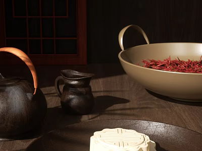 Traditional Mooncake on Wooden Table with Teapot Milk Jug and Red Spices Bowl 3d model