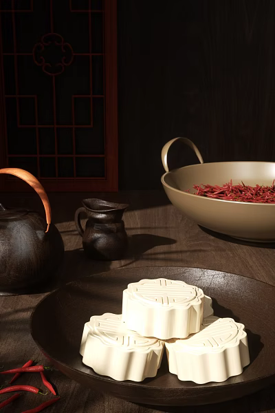 Traditional Mooncake on Wooden Table with Teapot Milk Jug and Red Spices Bowl 3d model
