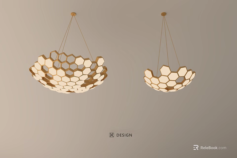 Modern Honeycomb Hexagonal Wooden Chandeliers With Golden Accents And Warm Lighting 3d model 