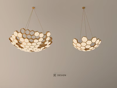 Modern Honeycomb Hexagonal Wooden Chandeliers With Golden Accents And Warm Lighting 3d model