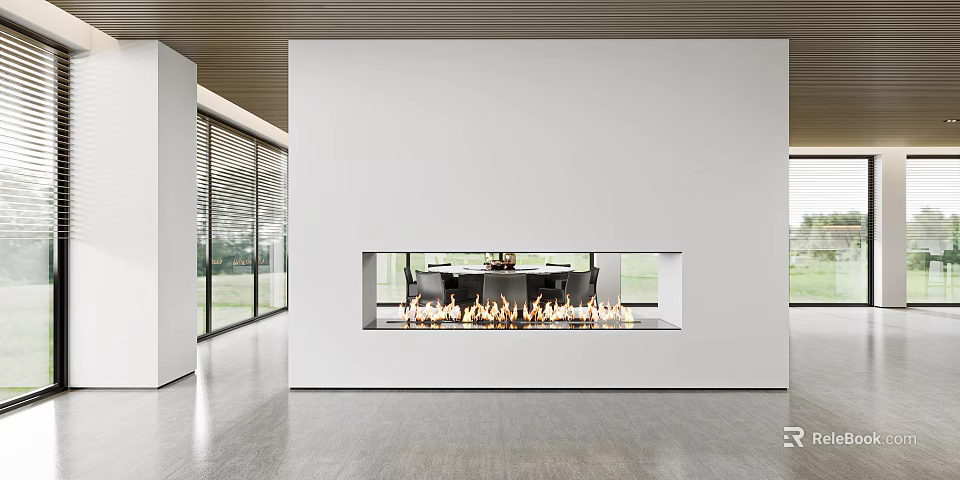 Modern Restaurant Interior Design With Open Kitchen Fireplace Marble Island And Cabinets 3d model