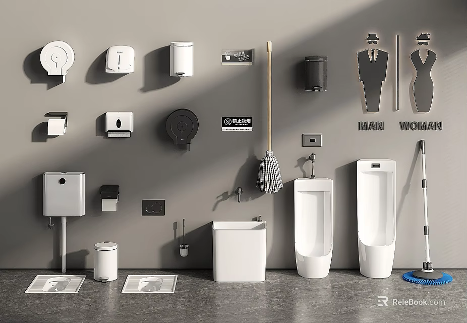 Modern Wall Mounted Urinals In Public Restroom With Sanitary Accessories And Signs 3d model 