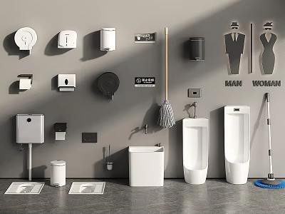 Modern Wall Mounted Urinals In Public Restroom With Sanitary Accessories And Signs 3d model