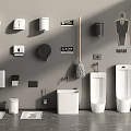 Modern Wall Mounted Urinals In Public Restroom With Sanitary Accessories And Signs