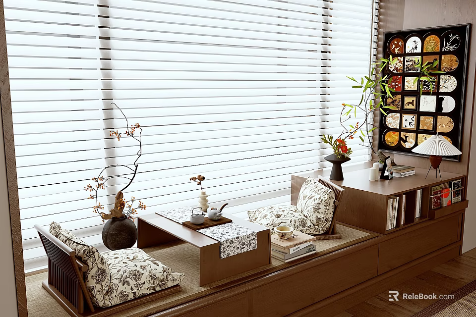 Cozy Bay Window With Window Blinds Wooden Cushions Tea Table Decorative Items And Green Plant 3d model 