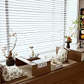 Cozy Bay Window With Window Blinds Wooden Cushions Tea Table Decorative Items And Green Plant