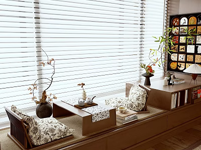 Cozy Bay Window With Window Blinds Wooden Cushions Tea Table Decorative Items And Green Plant 3d model