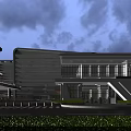 Modern Office Building Exterior Design With Glass Curtain Walls Spacious Entrance And Evening Lighting