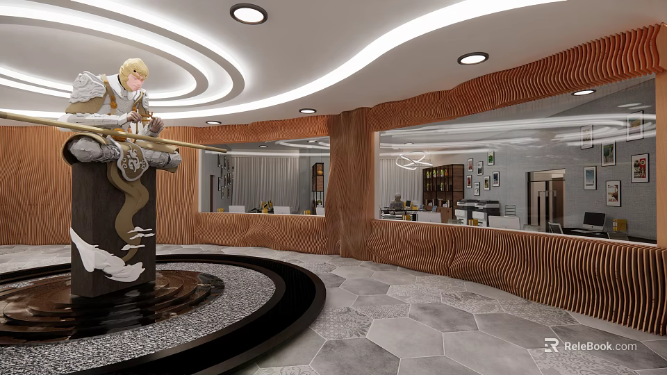 Modern Public Office Space With Circular Fountain Wooden Wavy Wall And Geometric Floor Tiles 3d model 