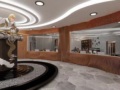 Modern Public Office Space With Circular Fountain Wooden Wavy Wall And Geometric Floor Tiles 3d model
