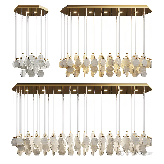 Modern Hexagonal Chandelier Design With Gold Silver Hanging Elements For Interior Decoration 3d model 