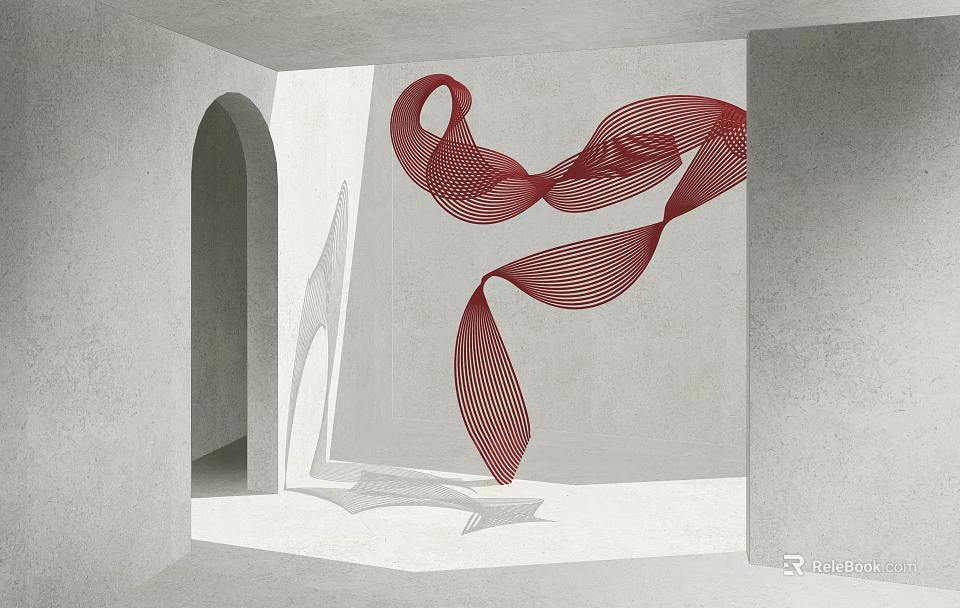 Red Wavy Linear Art Installation In Gray Concrete Space With Arched Doorway And Light Shadow 3d model 