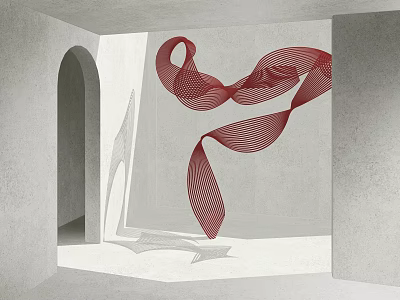 Red Wavy Linear Art Installation In Gray Concrete Space With Arched Doorway And Light Shadow 3d model