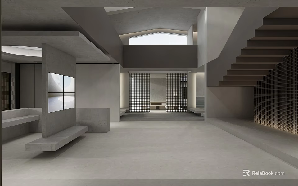 Minimalist Interior Space with Gray Concrete Staircase Large Windows and Geometric Design 3d model