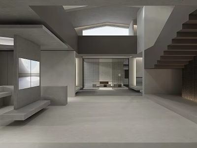 Minimalist Interior Space with Gray Concrete Staircase Large Windows and Geometric Design 3d model