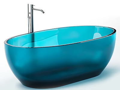 Blue Oval Shaped Glass Bathtub With Silver Faucet Modern Design 3d model