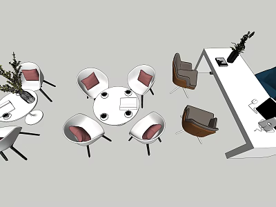 Modern Table Chair Set with Round Desk Pink Cushions and Long Office Seats 3d model
