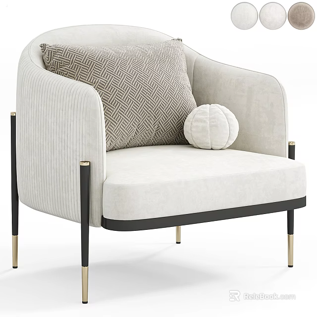 Beige Upholstered Armchair With Black Armrests Gold Legs Gray Geometric Pillow And Round White Cushion 3d model 