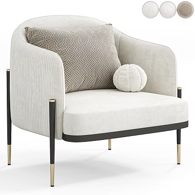 Beige Upholstered Armchair With Black Armrests Gold Legs Gray Geometric Pillow And Round White Cushion 3d model