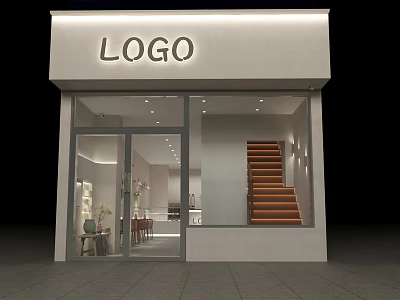 Modern Dessert Shop Exterior With Glass Facade LOGO Sign Wooden Stairs And Interior Lighting 3d model