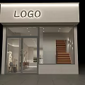 Modern Dessert Shop Exterior With Glass Facade LOGO Sign Wooden Stairs And Interior Lighting