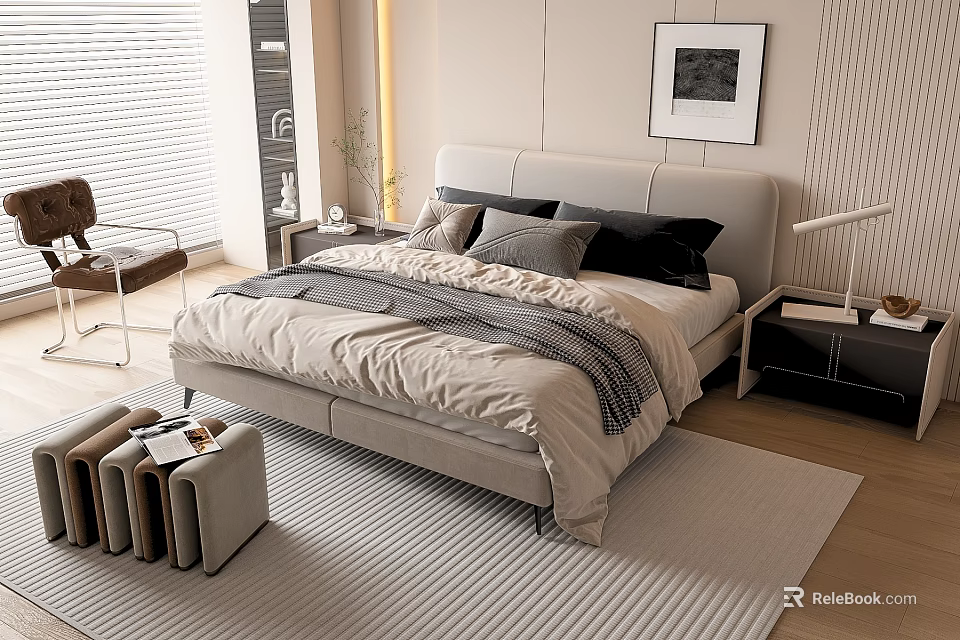 Modern Double Bed with Multiple Pillows Neutral Bedding Side Nightstand Table Lamp Area Rug Wall Art 3d model